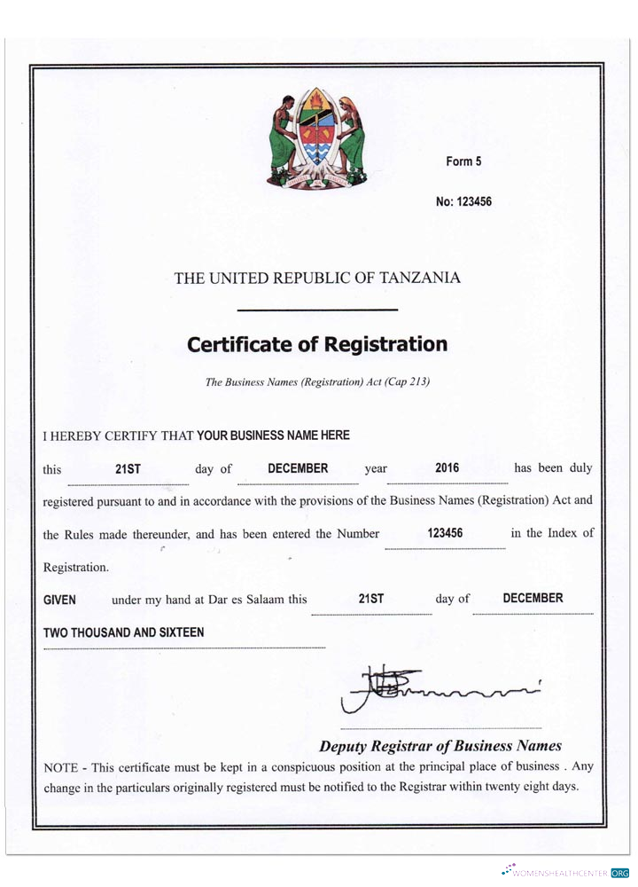 Download TANZANIA business reg. cert Photoshop template